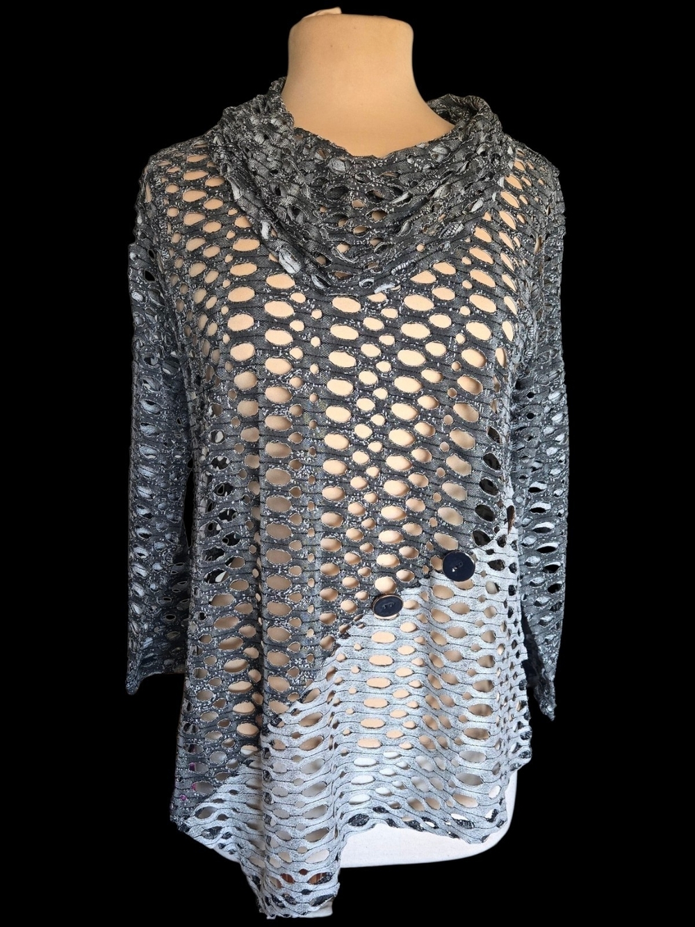 Lulu-B Open Knit Cowl Neck Sweater - Gray